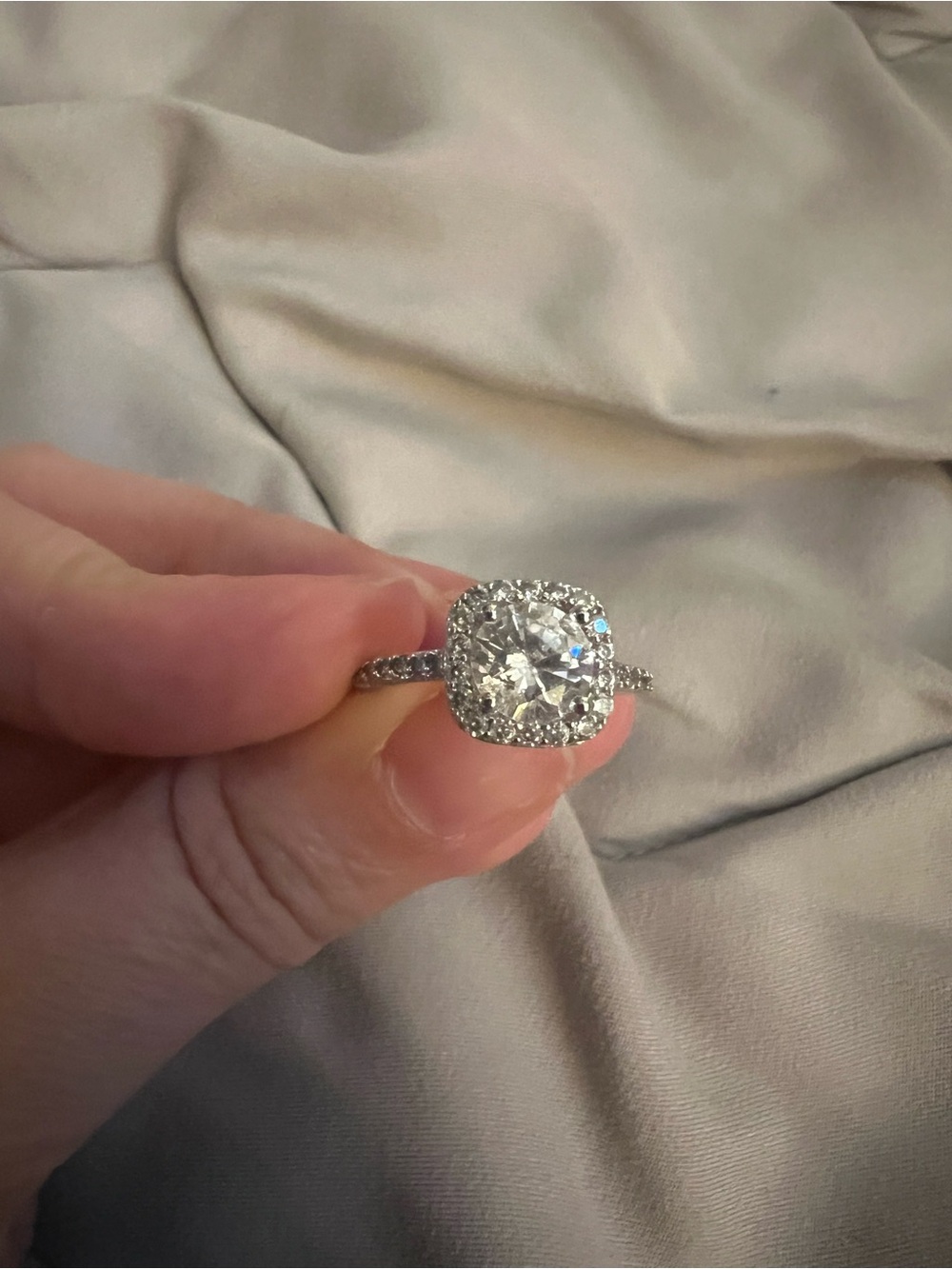 Sterling Silver Cushion Halo Engagement Ring with White Center Stone